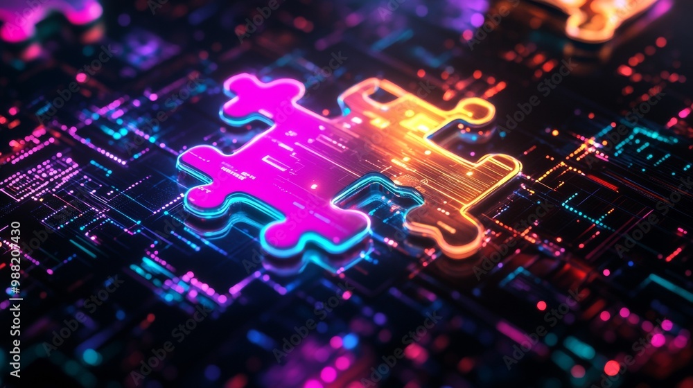 Poster API Integration Concept. Neon Puzzle Pieces on Futuristic Digital Background for Seamless Connectivity