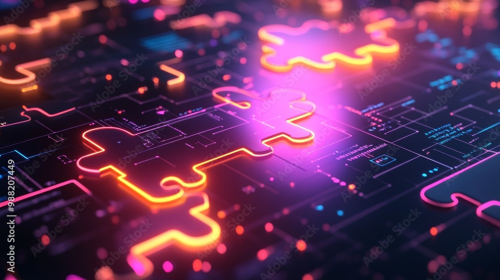Poster api integration concept. neon puzzle pieces on futuristic digital background for seamless connectivi