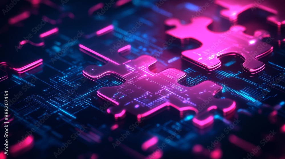 Poster api integration concept. neon puzzle pieces on futuristic digital background for seamless connectivi
