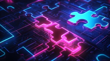 Obraz premium API Integration Concept. Neon Puzzle Pieces on Futuristic Digital Background for Seamless Connectivity