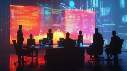 Futuristic Business Meeting in Neon Metropolis