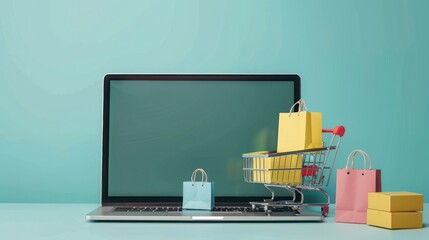 Product boxes and shopping bags in basket on laptop for online shopping and delivery concept