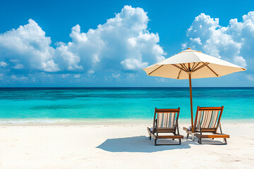 Fototapeta premium Chairs And Umbrella In Tropical Beach - Seascape Banner