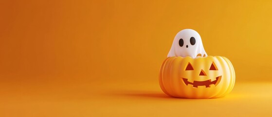 Ghost Peeking from Jack-o-Lantern. Happy Halloween Concept on Orange Background