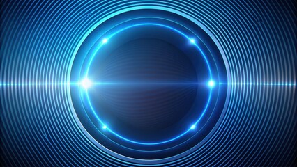 Glowing circular lines abstract on dark blue backdrop with geometric striped art pattern Contemporary, shiny blue design