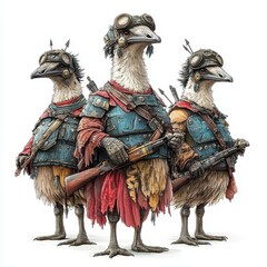 Obraz premium Three stylized anthropomorphic birds in armor, holding rifles. A unique blend of fantasy and adventure with an artistic flair.