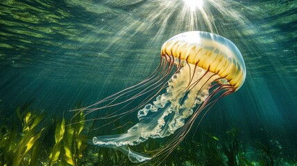 A stunning jellyfish gracefully swims through sunlit waters, showcasing its delicate tentacles and vibrant colors against a serene backdrop.