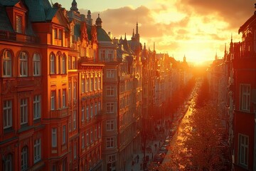 Obraz premium Golden Hour on a City Street with Historic Buildings and Sunlight
