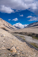 Mount Everest and stacked Mani stones near the north side of Everest base camp