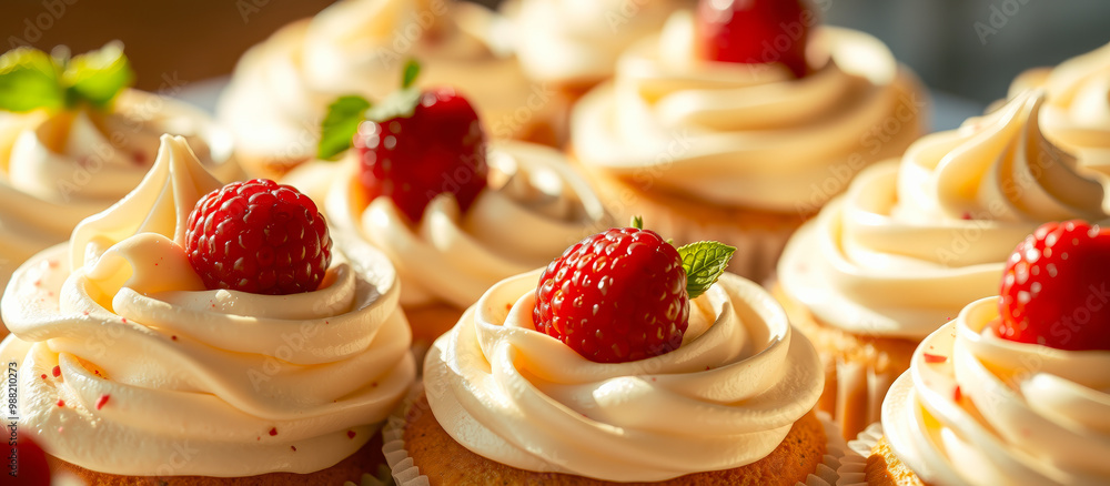 Wall mural Raspberry Cupcakes with Whipped Cream