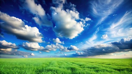 Obraz premium Blue cloudy sky above a grassy landscape, clouds, sky, blue, grass, landscape, nature, outdoors, peaceful, serene, scenic