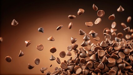 Obraz premium Falling chocolate chips in a render , dessert, cocoa, sweets, baking, confectionery, chocolate lovers, brown, delicious