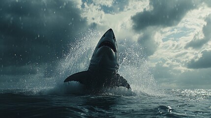 Fototapeta premium A great white shark leaps out of the water with its mouth open, creating a splash of water.