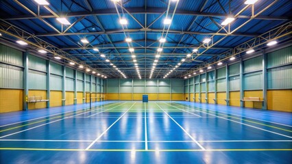 Obraz premium Beautiful badminton court in indoor gymnasium with blue and yellow color floor, high ceiling and spotlights lighting, badminton