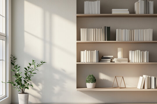 Office interior backdrop for online meetings. Light home office setting bookshelves background. Minimalist online workspace aesthetics. Video conferencing room design in pastel tones.