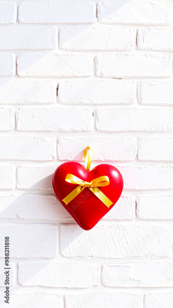 Wall mural Red Heart with Yellow Ribbon on White Brick Wall