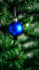 Fototapeta premium Blue Christmas Ornament on a Green Christmas Tree Branch