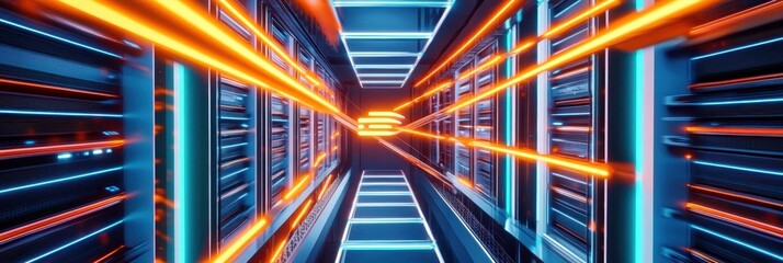 Futuristic data center, server racks, neon lights, cloud computing icon, digital network, cyberpunk aesthetic, orange and blue color scheme, fiber optic cables, high-tech infrastructure, 3D rendering,