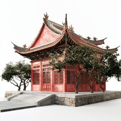 Fototapeta premium 3D Render of a Chinese temple with a large courtyard for gatherings, on isolated white background