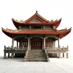 Obraz premium 3D Render of a Chinese temple with a large courtyard for gatherings, on isolated white background