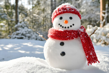 Obraz premium Cheerful snowman with red scarf