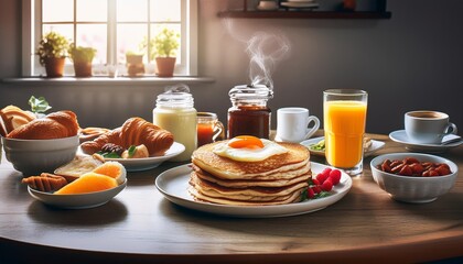 atmosphere of a western-style breakfast table filled with various types of food