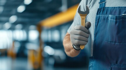 Mechanic holding a wrench in an automotive repair shop wearing gloves and blue apron