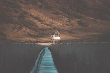 Old wooden boardwalk with a railing on the side and watchtower in the Sic reed reservation, Cluj ,...