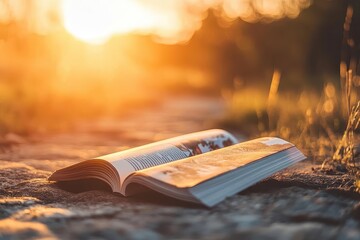 Open Book on Ground During Golden Hour Sunset - Peaceful Relaxation and Nature