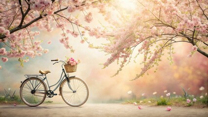 Fototapeta premium Spring cherry blossom tree background with bicycle pastel creamy color, spring, cherry blossom, tree, background, bicycle, pastel