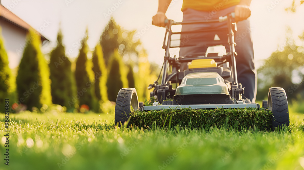 Wall mural low angle of a man pruning horticulture or hedge lawnmower machine cutting or trimming grass outdoor