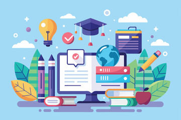 A vibrant illustration showcases a customizable education course app with learning tools, green leaves, and study materials, promoting an engaging learning experience.