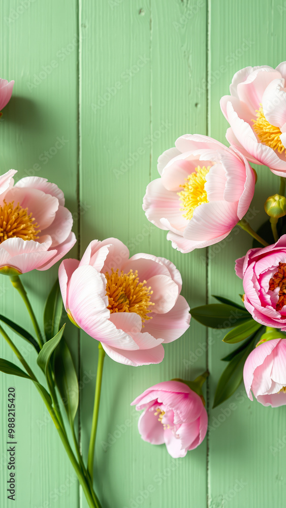 Poster Pink Peony Flowers on Green Wooden Background