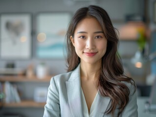 Obraz premium a light plastel green suit, an Asian businesswoman stands confidently in a soft and solid pastel plain background, her calm demeanor perfect for professional environments.