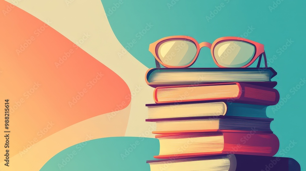 Poster a simple 2d flat vector illustration of books stacked with goggles, using basic shapes and minimal d