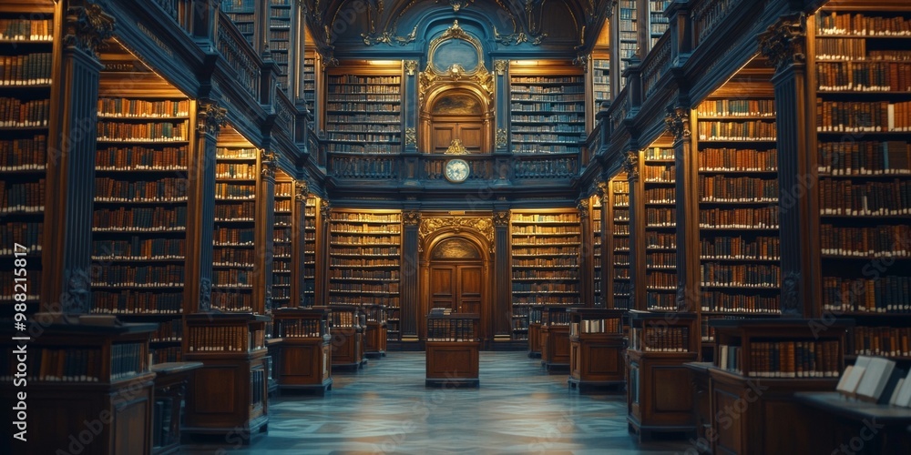 Poster classic library with towering bookshelves, ornate architecture in soft focus, inviting atmosphere fo