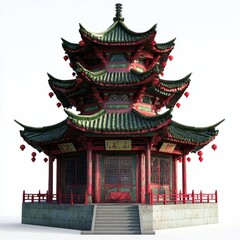 Obraz premium 3D Render of a Chinese temple with a series of prayer halls, on isolated white background