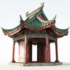 Obraz premium 3D Render of a Chinese temple with a tiled roof and ornamental ridge decorations, on isolated white background