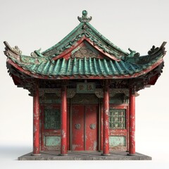 3D Render of a Chinese temple with a tiled roof and ornamental ridge decorations, on isolated white background