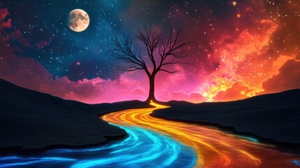 Fototapeta premium Enchanted Neon Rivers: Surreal Fantasy World of Glowing Trees and Vibrant Waters