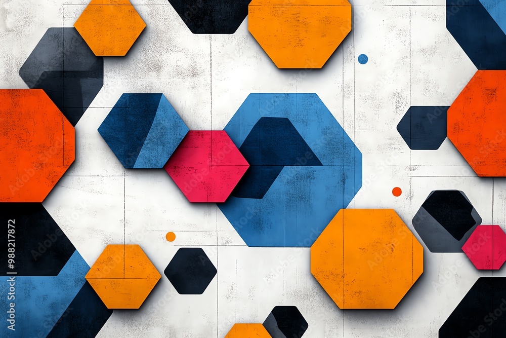 Poster abstract geometric design, with bold triangles and hexagons creating a modern, eye-catching cover