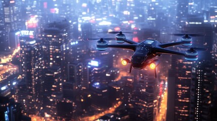 Fototapeta premium Drone Over Futuristic City Skyline in the Night