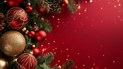 christmas and new year holidays concept. Red balls on fir branches, winter snowy backdrop. festive winter season background. template for design. banner, copy space