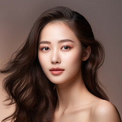 Naklejka premium Young Asian beauty woman long hair with korean makeup style touch her face and perfect skin on isolated beige background Facial treatment Cosmetology plastic surgery