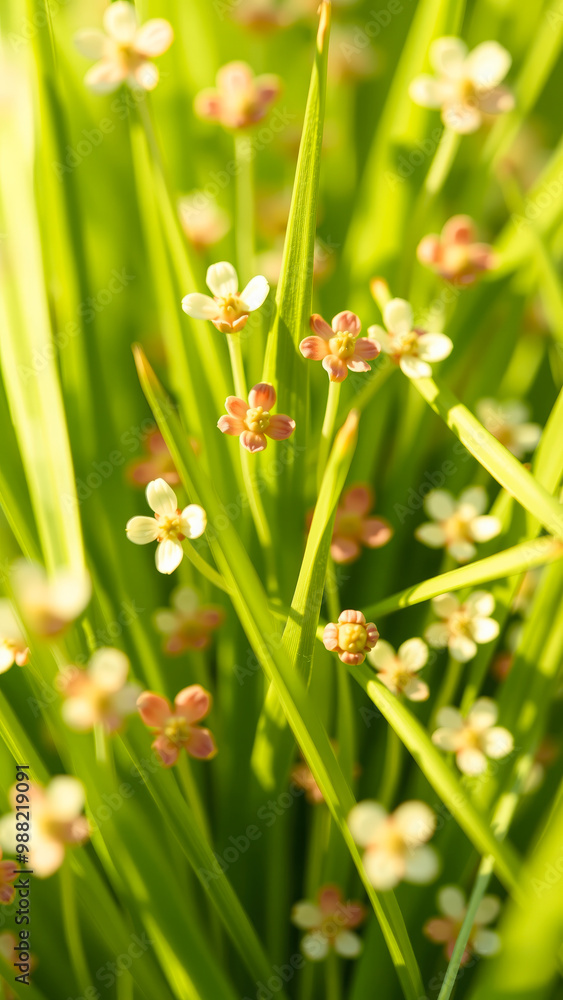 Poster Delicate Pink and White Flowers Blooming in Lush Green Grass