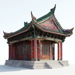 3D Render of a Chinese temple with colorful frescoes on the walls, on isolated white background