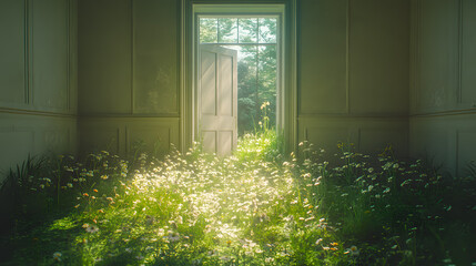 Sunlit Room with Wildflowers in Bloom