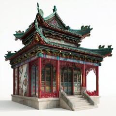 Obraz premium 3D Render of a Chinese temple with colorful frescoes on the walls, on isolated white background