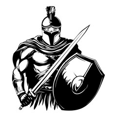 Gladiator with sword and shield logo and illustration