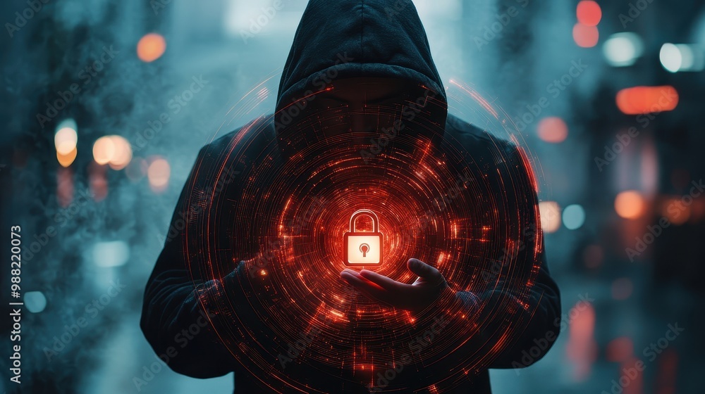 Poster mysterious cyber hacker in the glowing darkness